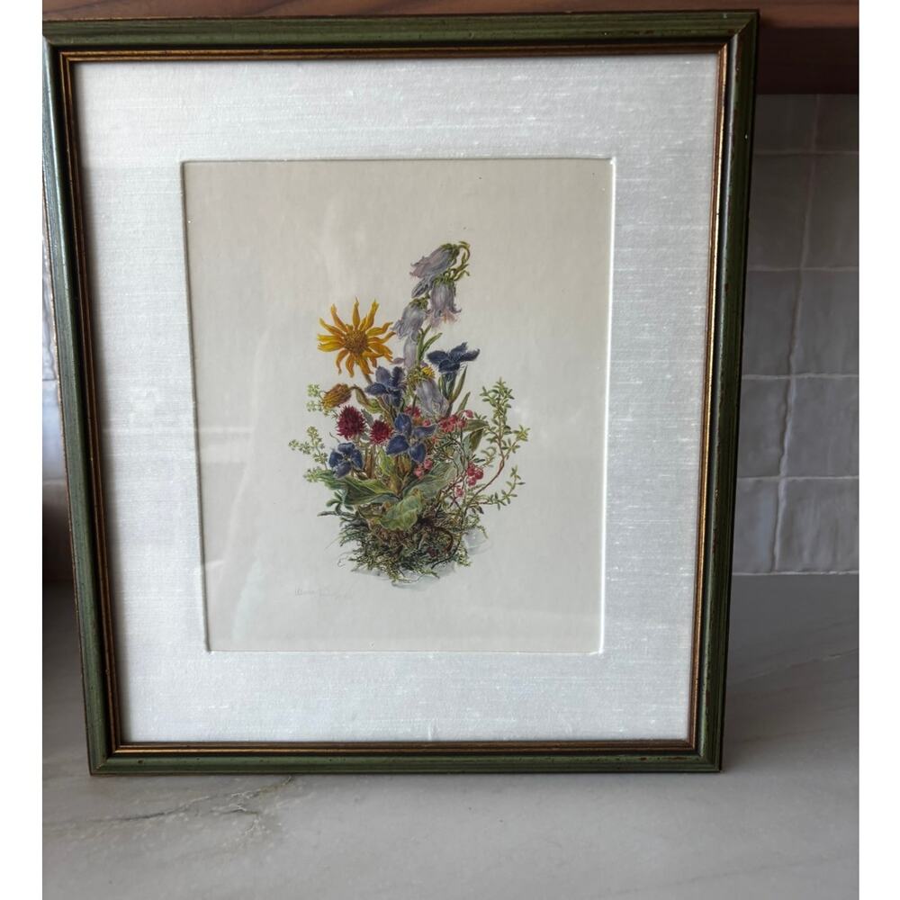 Vintage Framed Handcolored Imported Botanical Print Wildflowers Marad Wall Decor